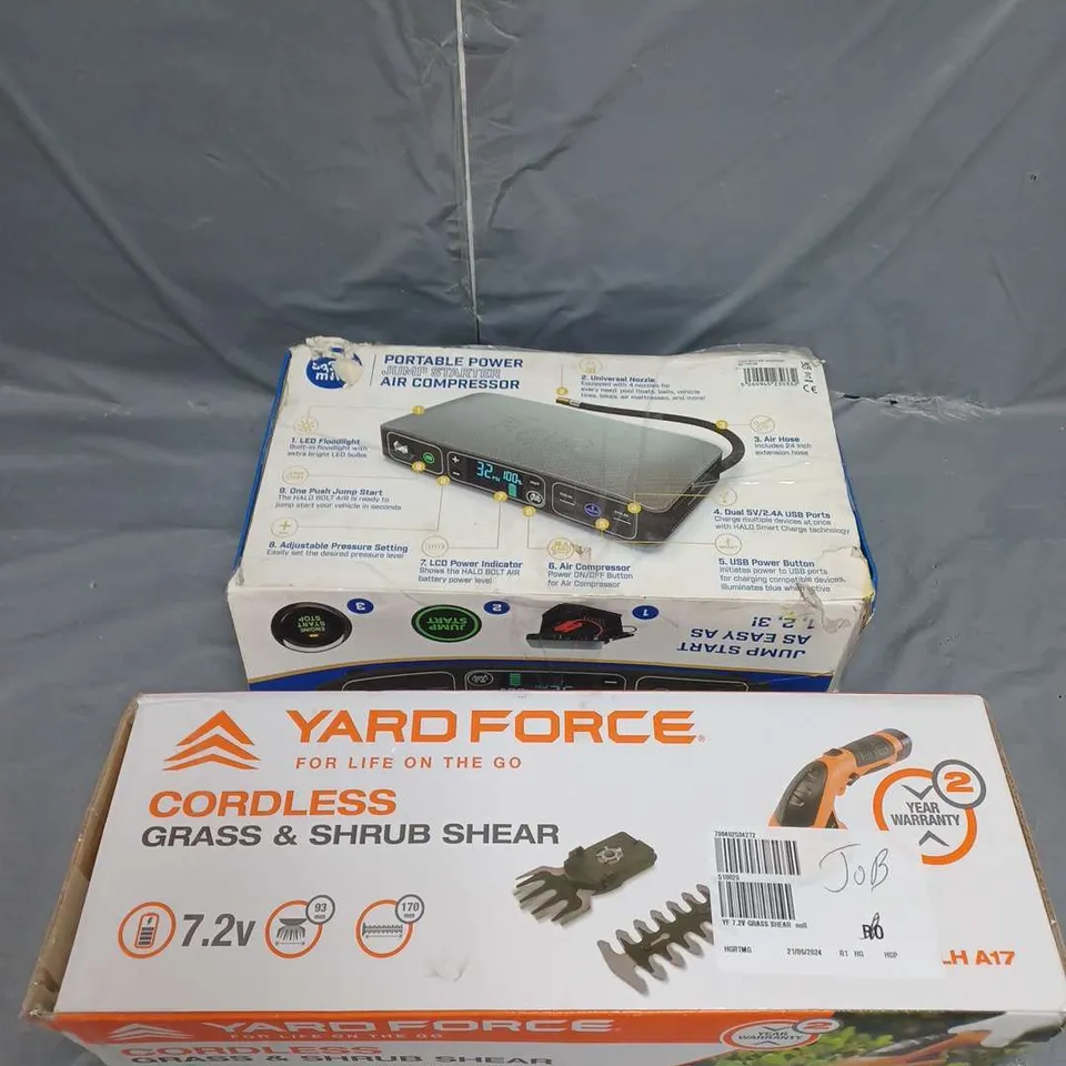 APPROXIMATELY 7 GARDEN AND HOUSEHOLD ITEMS TO INCLUDE GARDEN SHEARS PORTABLE JUMP STARTER