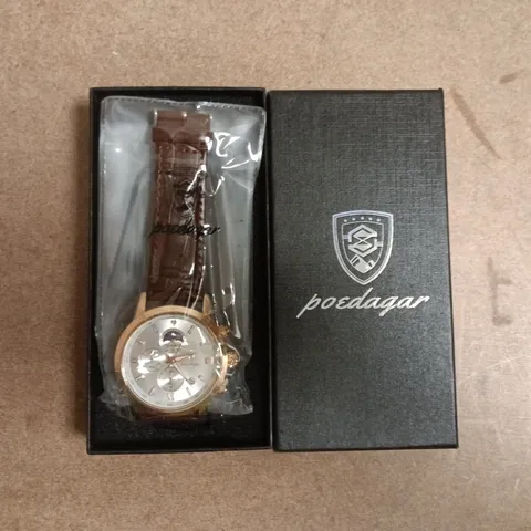 POEDAGAR MOONPHASE CHRONOGRAPH WRISTWATCH WITH BROWN LEATHER STRAP – BOXED