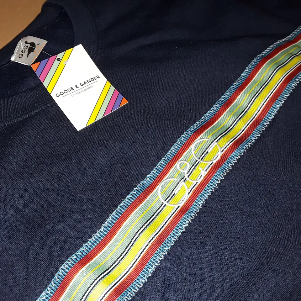 GOOSE AND GANDER STRIPED LOGO NAVY JUMPER - L