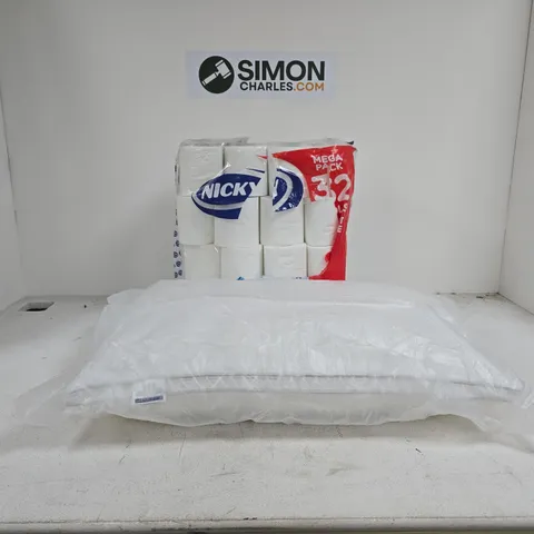 CAGE OF APPROXIMATELY 10 ASSORTED ITEMS TO INCLUDE PILLOW, MEGA PACK TOILET ROLLS ETC