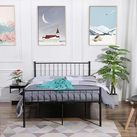 BOXED SMALL DOUBLE BED METAL BED FRAME SOLID BEDSTEAD BASE WITH 2 HEADBOARDM - BLACK (1 BOX)