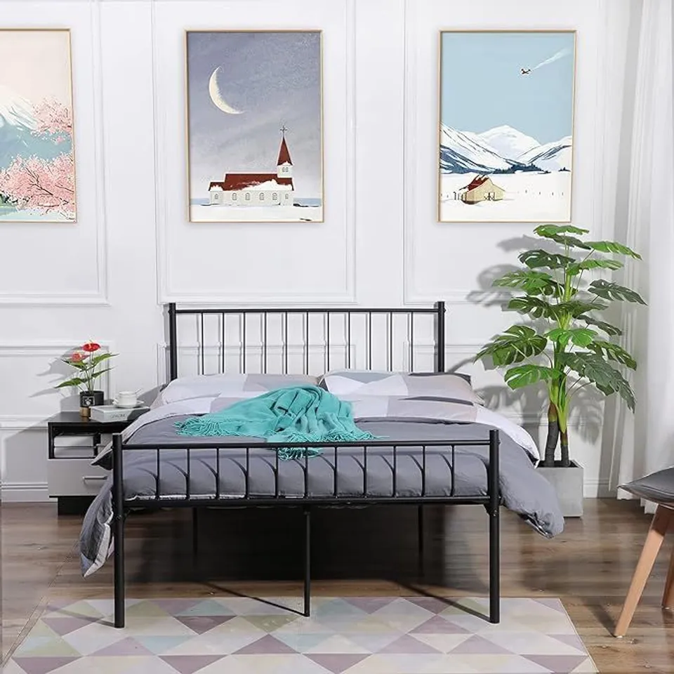 BOXED SMALL DOUBLE BED METAL BED FRAME SOLID BEDSTEAD BASE WITH 2 HEADBOARDM - BLACK (1 BOX)