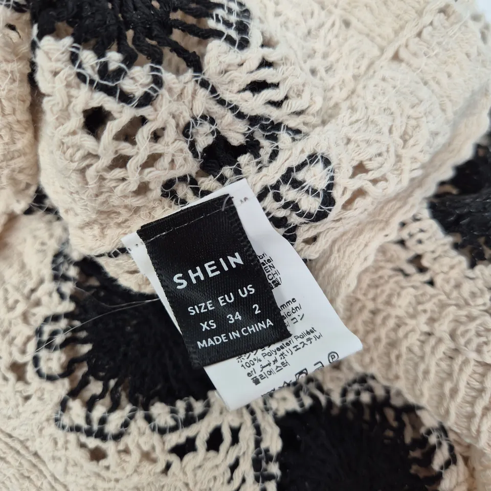 SHEIN WOMEN'S CROCHET VEST – BEIGE/BLACK DIAMOND PATTERN, UK 6 (EU 34, US 2)