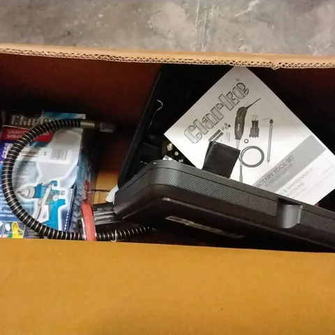BOX TO CONTAIN ASSORTED TOOLS AND PRODUCTS TO INCLUDE;CLAIR AIR GUN,ROTARY TOOL SET