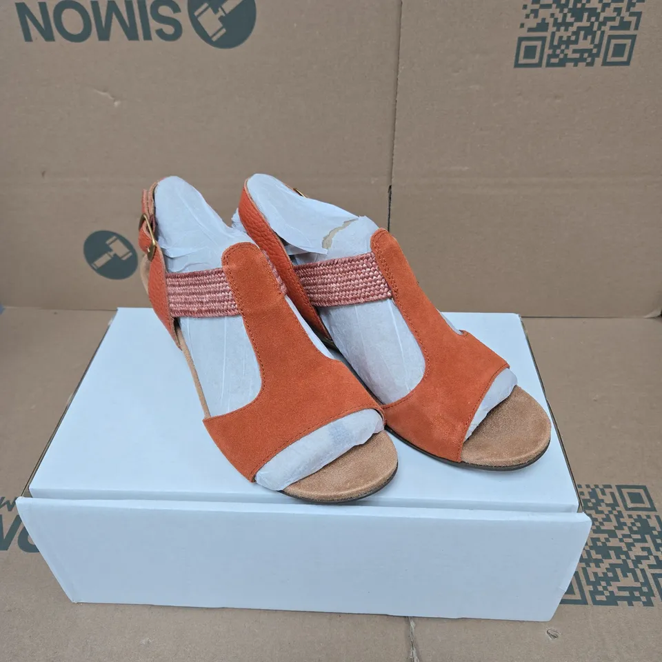 VIONIC WOMEN'S WEDGE SANDALS – ORANGE SUEDE STRAPS, PINK BRAIDED ANKLE STRAP, CORK HEEL UK 7 BOXED