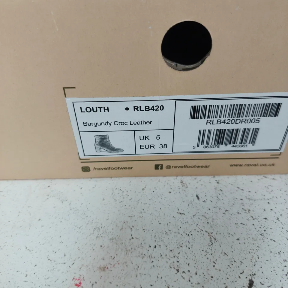 RAVEL BURGUNDY CROC LEATHER ANKLE BOOTS, UK 5 (EU 38)