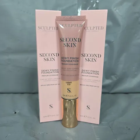 2 BOXED SCULPTED AIMEE CONNOLLY SECOND SKIN DEW FINISH FOUNDATIONS IN LIGHT 3.0 (2 X 32ML)