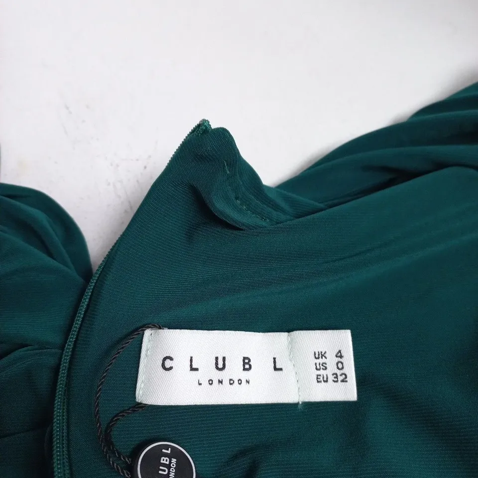 CLUB L LONDON BOTTLE GREEN TWIST FRONT BARDOT MIDI DRESS – UK 4