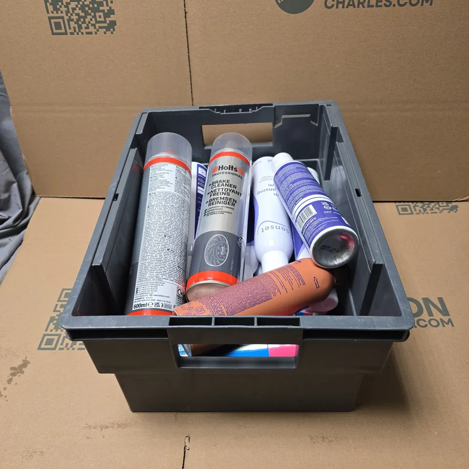 TOTE OF APPROXIMATELY 16 ASSORTED AEROSOL PRODUCTS TO INCLUDE HOLTS BREAK CLEANER, SENSET SKIN CLEANSING FOAM, VASELINE COCOA RADIANT BODY LOTION, PARTY SUCCESS HAIR COLOUR ETC