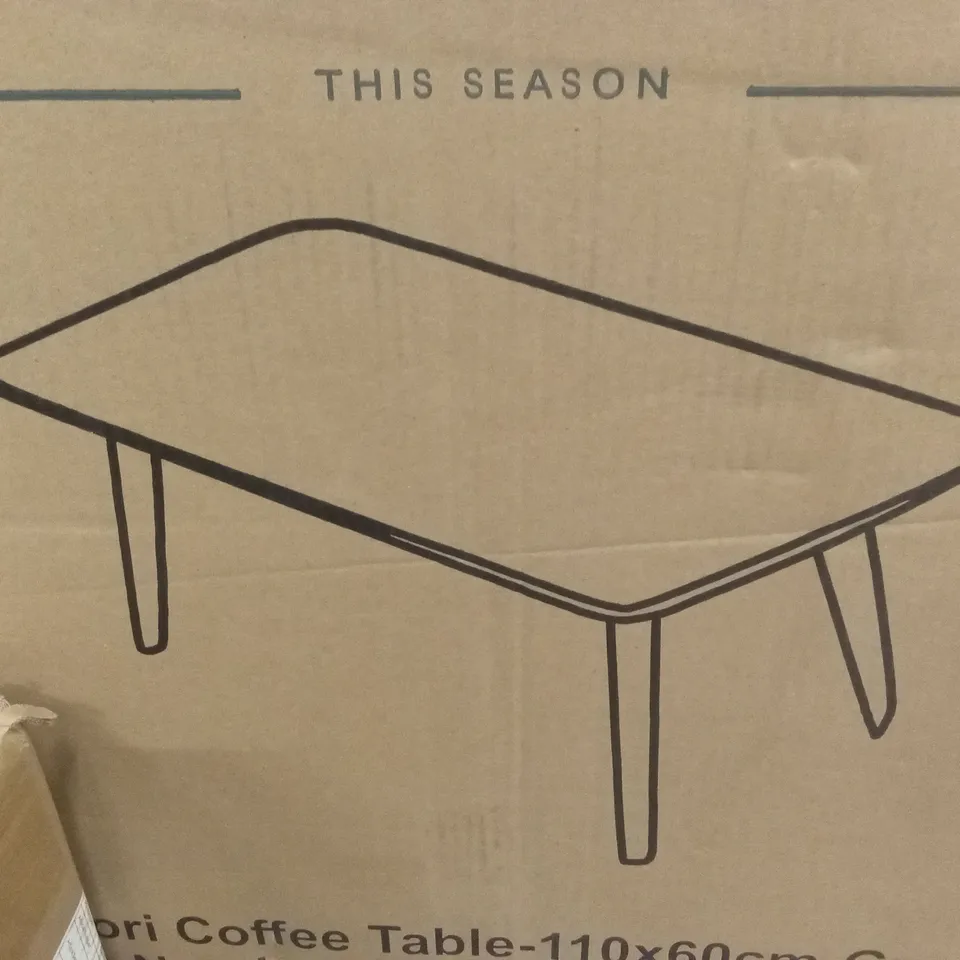 BOXED MIDORI OUTDOOR PATIO GARDEN COFFEE TABLE - GREY TOP/OAK LEGS (1 BOX)