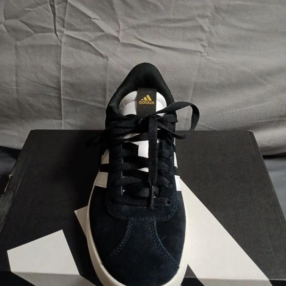 BOXED PAIR OF ADIDAS BLACK SUEDE SNEAKERS WITH WHITE STRIPES – UK SIZE 6 - WOMENS 