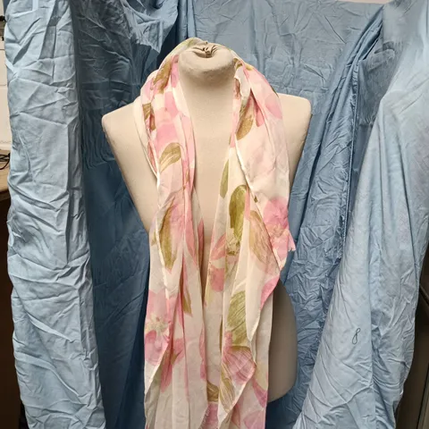 ACCESSORIZE LONDON SCARF – PINK & CREAM WITH GREEN LEAF PATTERN