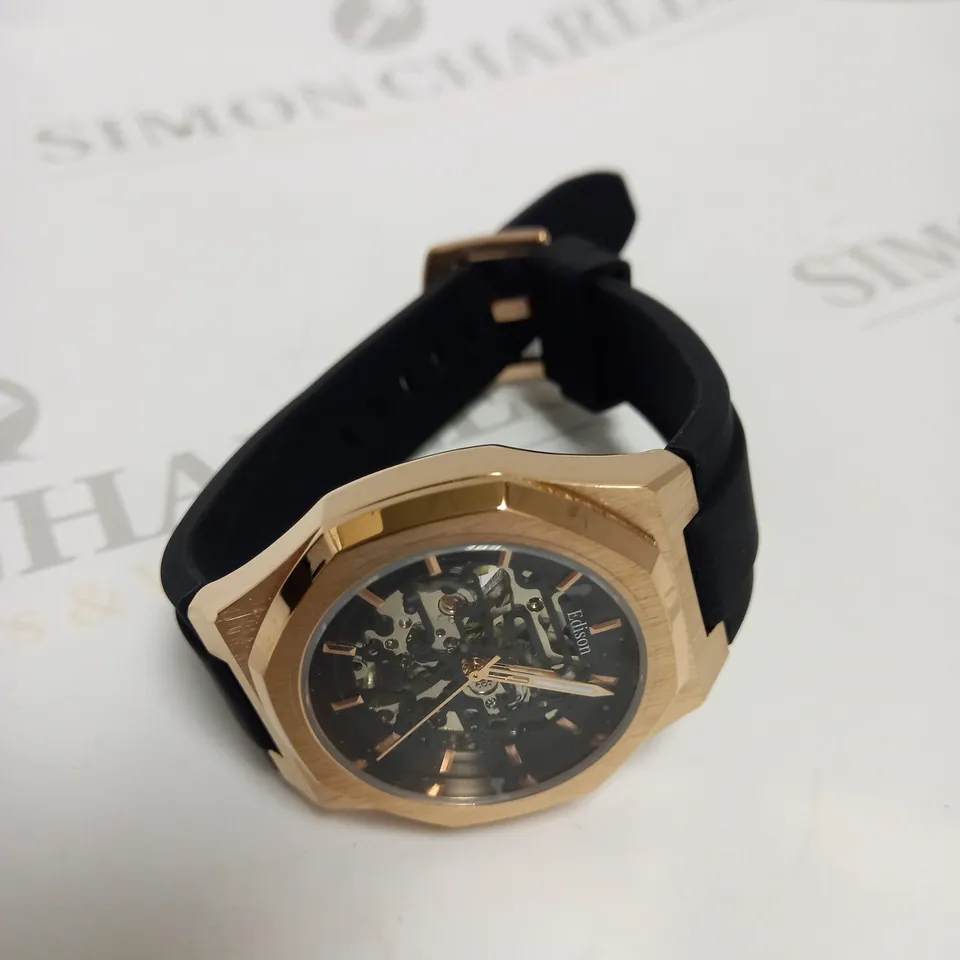 MENS EDISON AUTOMATIC WATCH – SKELETON DIAL – GLASS BACK CASE – RUBBER STRAP 