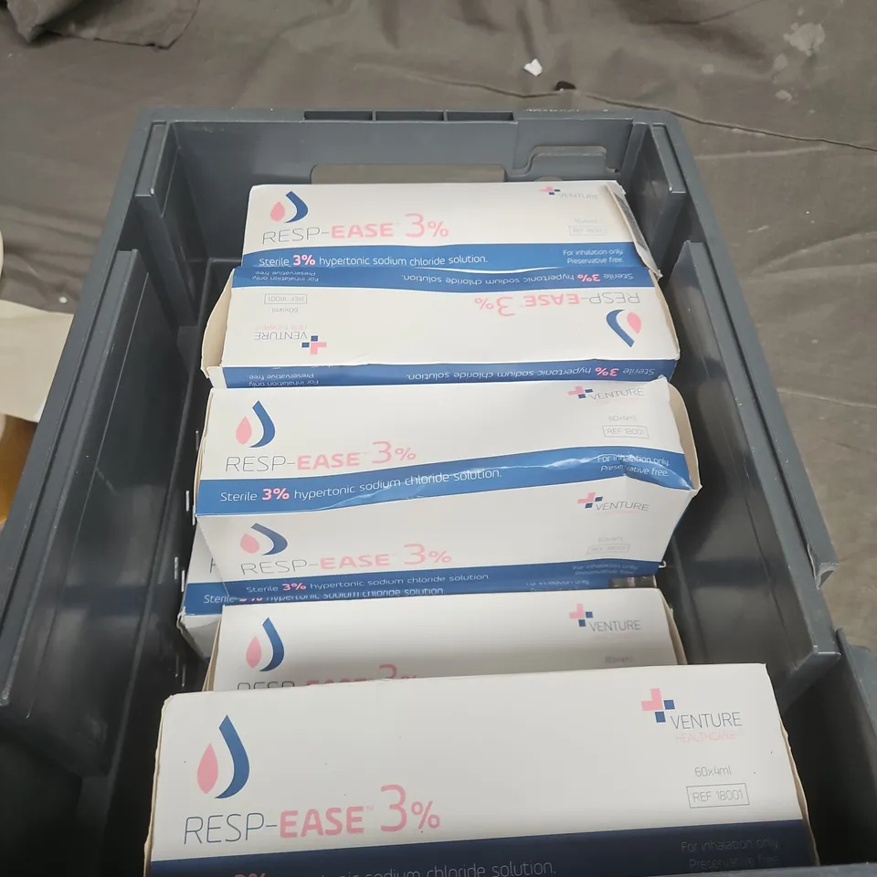 TOTE OF APPROXIMATELY 10 PACKS OF RESP-EASE 3% STERILE HYPERTONIC SALINE SOLUTION – 60ML INHALATION (VENTURE)