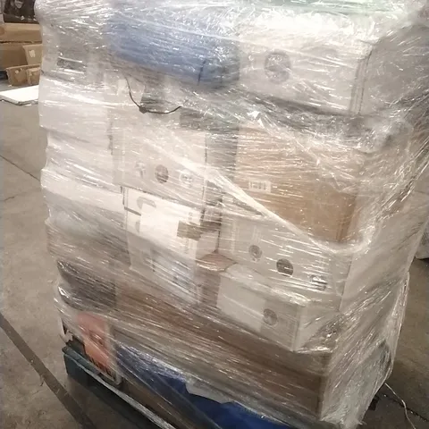 PALLET CONTAINING A LARGE QUANTITY OF ASSORTED HOUSEHOLD GOODS WHICH INCLUDE; AIRFRYERS, FANS, DUMBELL SET, FOLDABLE FIRE PIT, PARASOL BASE ETC