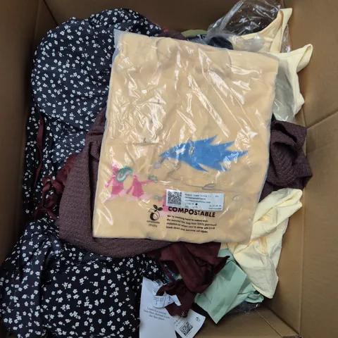 LARGE BOX OF APPROXIMATELY 25 ASSORTED CLOTHING ITEMS IN VARIOUS COLOURS, STYLES AND SIZES - COLLECTION ONLY