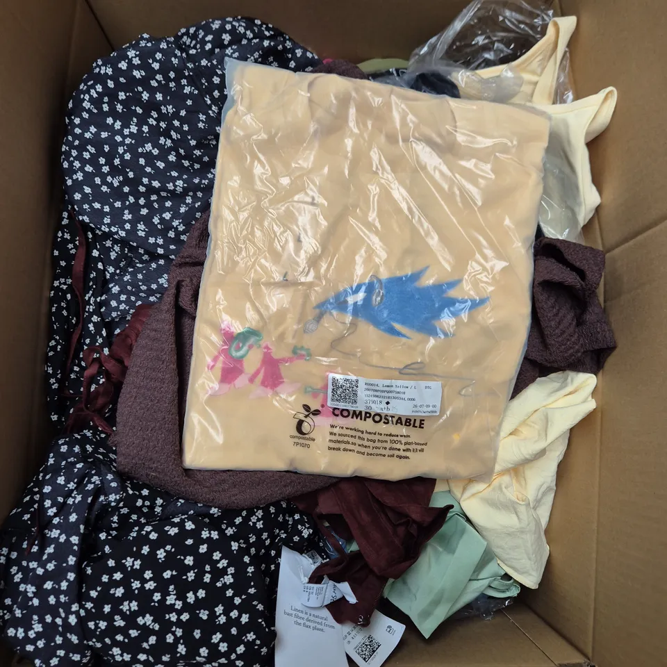 LARGE BOX OF APPROXIMATELY 25 ASSORTED CLOTHING ITEMS IN VARIOUS COLOURS, STYLES AND SIZES - COLLECTION ONLY
