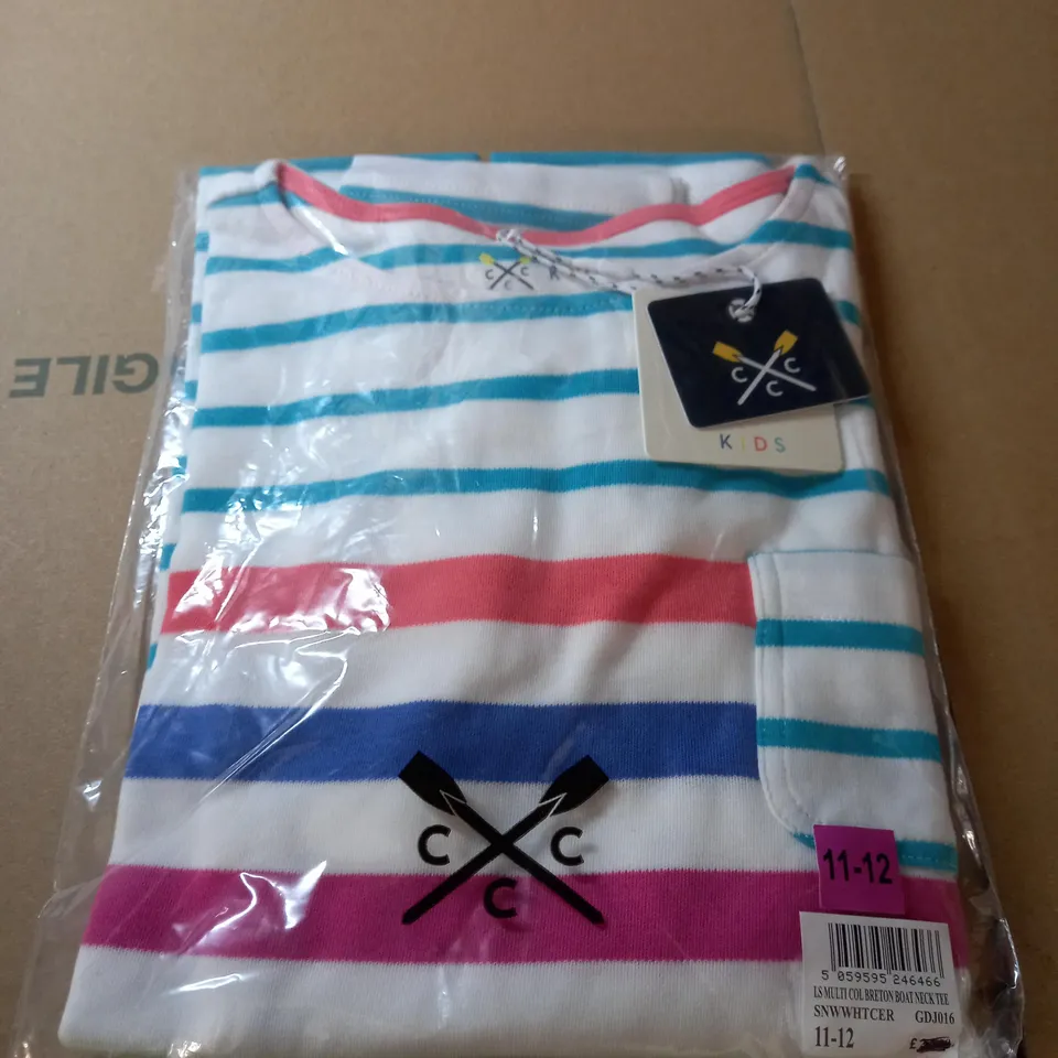 CREW COMPANY CLOTHING MULTI COLOURED BRETON BOAT NECK TSHIRT - SIZE 11-12 YEARS