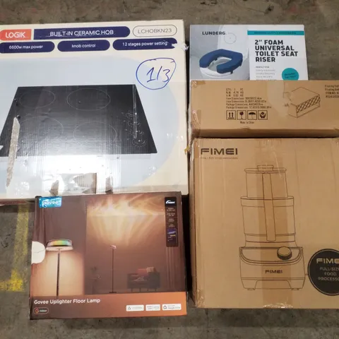 PALLET CONTAINING ASSORTED PRODUCTS INCLUDING BUILT-IN CERAMIC HOB, UNIVERSAL TOILET SEAT RISER, FLOATING BEDSIDE TABLE, FOOD PROCESSOR & GOVEE UPLIGHTER FLOOR LAMP