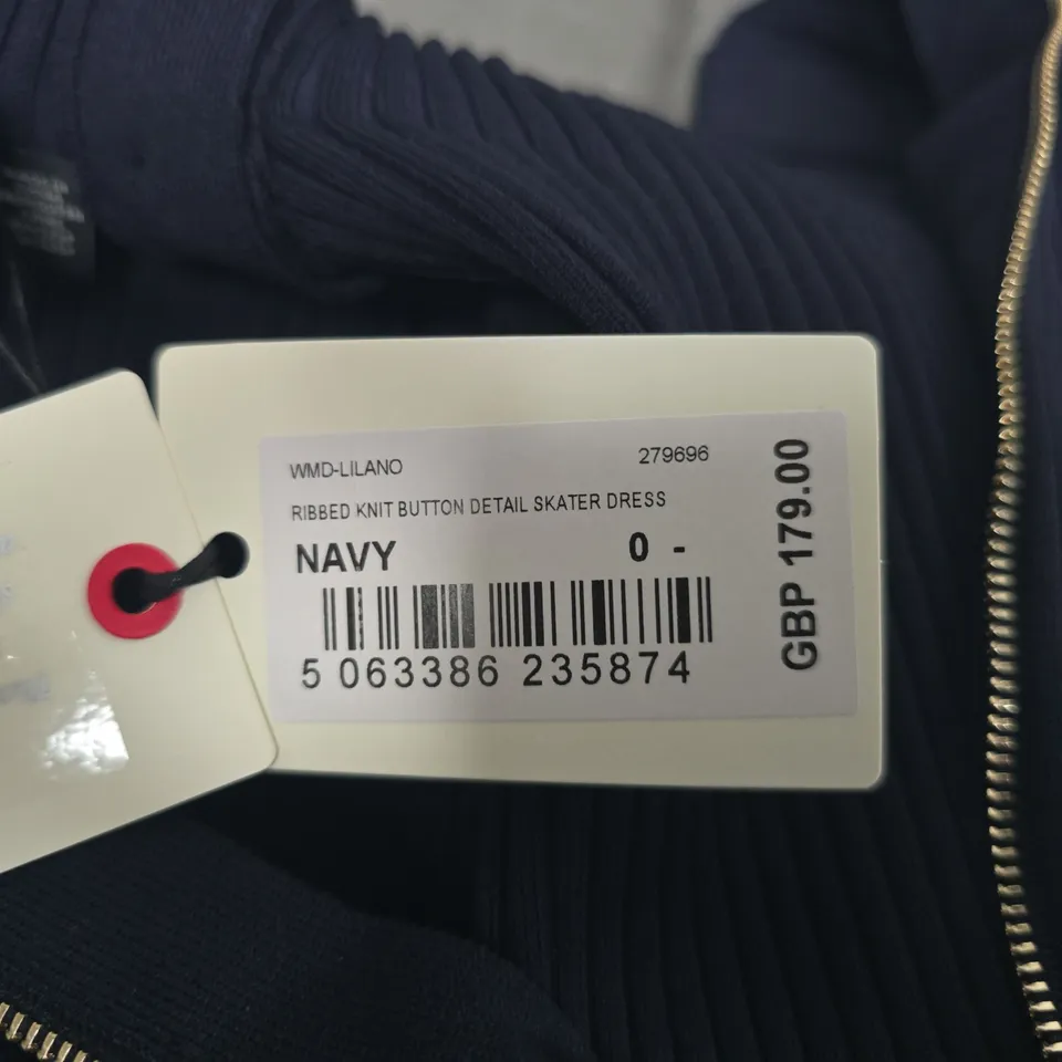 TED BAKER LONDON RIBBED KNIT BUTTON DETAIL SKATER DRESS – NAVY, SIZE 0