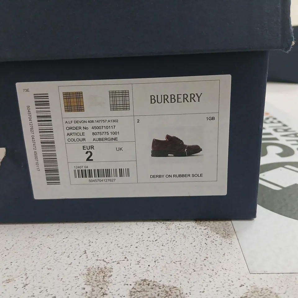 TRICKER'S FOR BURBERRY DERBY SHOES – AUBERGINE LEATHER, UK 2, RUBBER SOLE