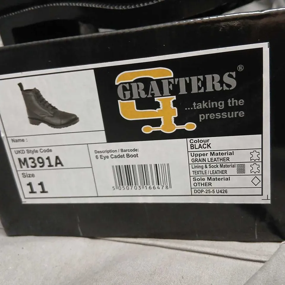 GRAFTER'S 6 EYE CADET BOOTS – BLACK, UK 11 (VERIFY MODEL)