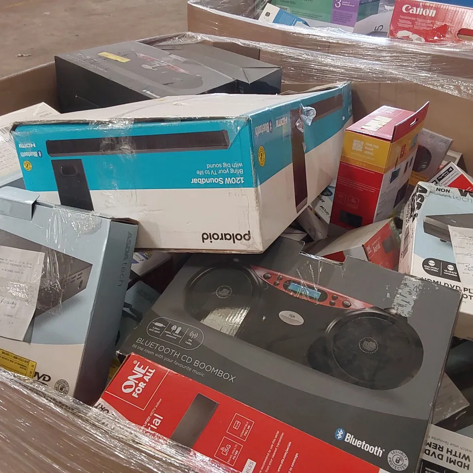 PALLET CONTAINING VARIOUS ASSORTED BOXED ELECTRONIC ITEMS TO INCLUDE: SEVERAL PRINTERS, HEADPHONES, DVD PLAYERS, SPEAKERS ETC