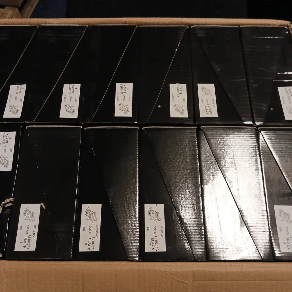 LOT OF 12 BOXED PAIRS OF GEMZ LONDON HEELED SHOES IN BLACK - VARIOUS SIZES 3/4/5/6/7/8