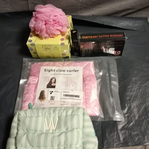 APPROXIMATELY 20 HEALTH AND BEAUTY PRODUCTS TO INCLUDE TEMPORARY TATTOO MARKERS, EIGHT CLAW CURLER AND A COSMETICS BAG