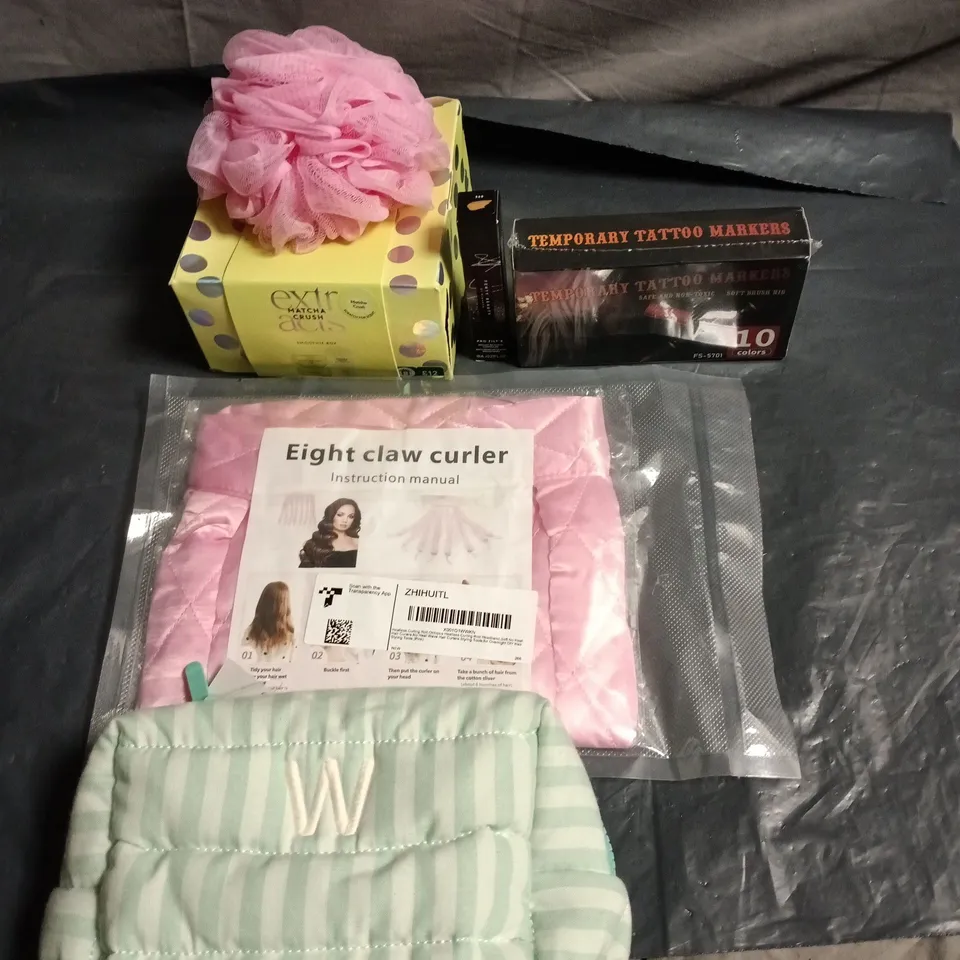 APPROXIMATELY 20 HEALTH AND BEAUTY PRODUCTS TO INCLUDE TEMPORARY TATTOO MARKERS, EIGHT CLAW CURLER AND A COSMETICS BAG
