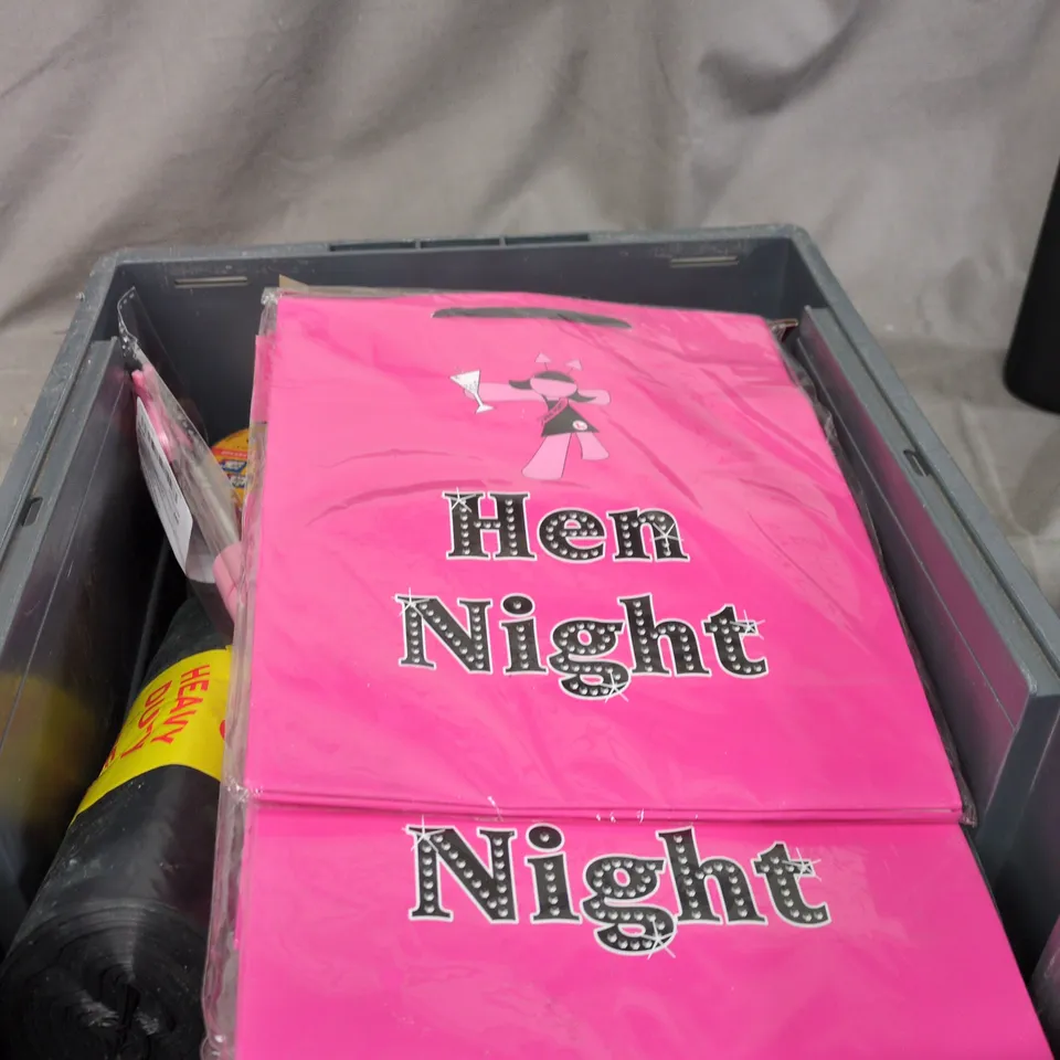 APPROXIMATELY 15 ASSORTED HOUSEHOLD ITEMS INCLUDING HEN NIGHT GOODIE BAGS , STANLEY GRINDING DISC AND ALL WEATHER ADHESIVE