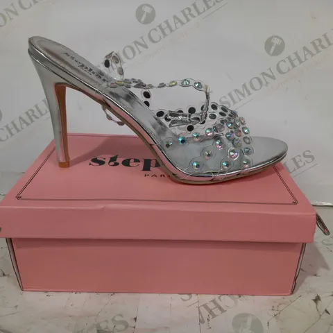 BOXED PAIR OF STEPHAN PARIS RHINESTONE CLEAR STRAP HEELS IN SILVER COLOUR EU SIZE 41