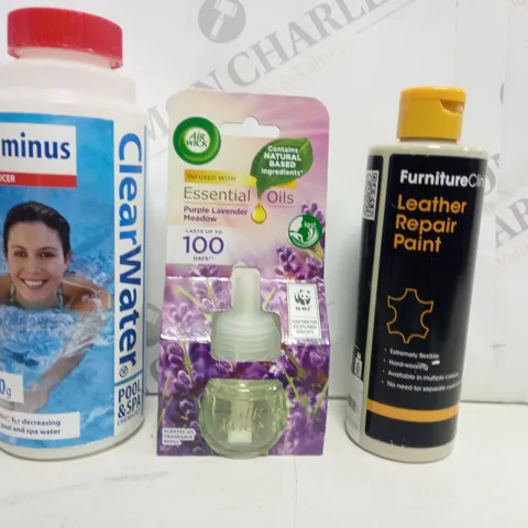 APPROXIMATELY 15 ASSORTED HOUSEHOLD ITEMS TO INCLUDE PH MINUS, AIR WICK, LEATHER REPAIR PAINT, ETC