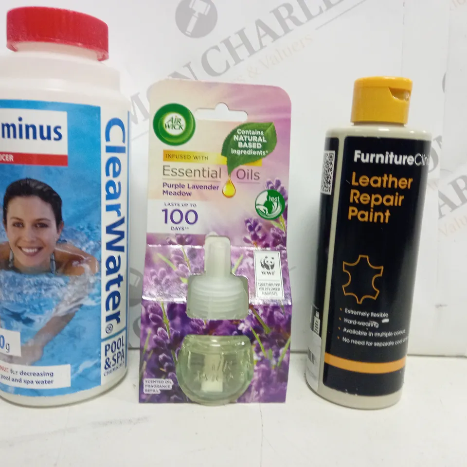 APPROXIMATELY 15 ASSORTED HOUSEHOLD ITEMS TO INCLUDE PH MINUS, AIR WICK, LEATHER REPAIR PAINT, ETC