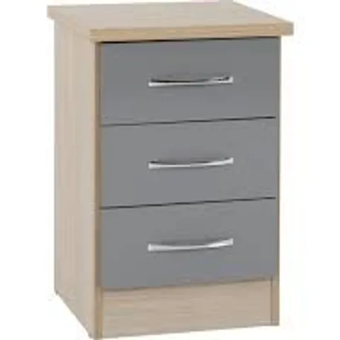 BOXED NEVADA 3 DRAWER BEDSIDE - GREY GLOSS/LIGHT OAK (1 BOX)