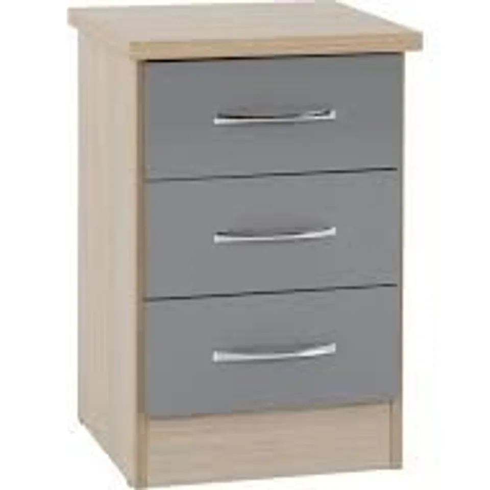 BOXED NEVADA 3 DRAWER BEDSIDE - GREY GLOSS/LIGHT OAK (1 BOX)