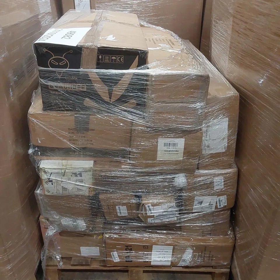 PALLET OF ASSORTED HOUSEHOLD ITEMS AND CONSUMER PRODUCTS TO INCLUDE; BEACHBEE PADDLE BOARD, FOLDING GAZEBOS WITH SIDEWALLS, BOXED FURNITURE ETC 