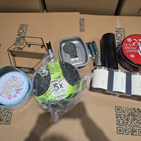 BOX OF APPROXIMATELY 10 ASSORTED HOUSEHOLD ITEMS TO INCLUDE - SHELVES, WOK, AND AN OPENER ETC.