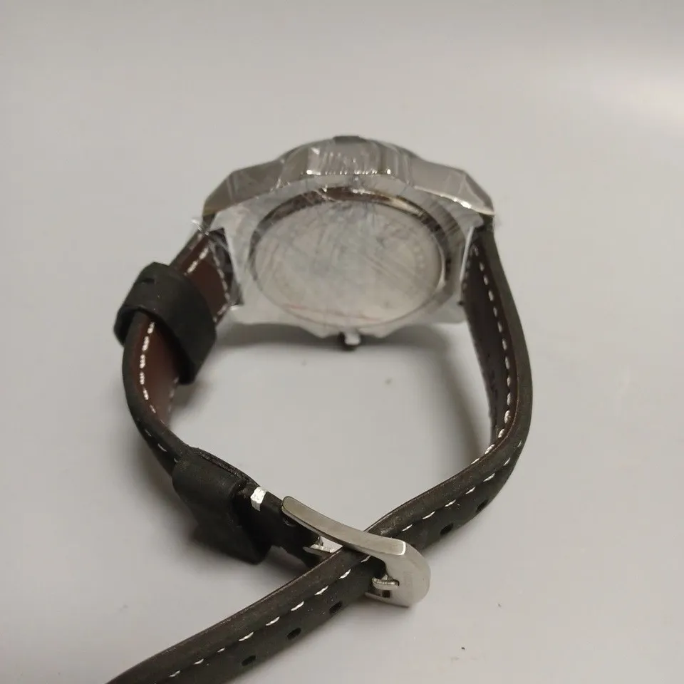 MENS LOUIS LACOMBE CHRONGRAPH WATCH – 3 SUB DIALS – SILVER COLOUR CASE – LEATHER STRAP