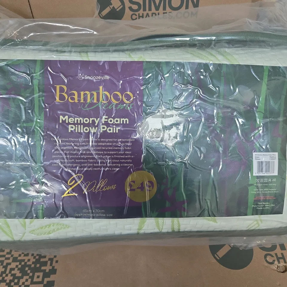SNOOZEVILLE BAMBOO MEMORY FOAM PILLOW PAIR – 2 X 45 X 70 CM, SEALED IN PACKAGING