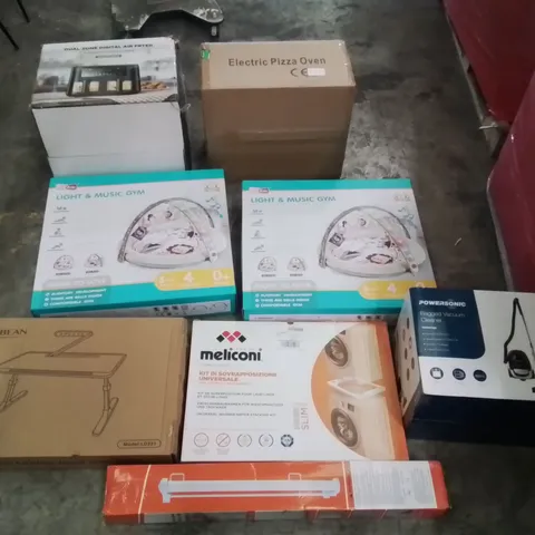 PALLET CONTAINING ASSORTED ITEMS TO INCLUDE: AIR FRYER, BAGGED VACUUM CLEANER, ELECTRIC PIZZA OVEN, BABY GYMS, LAPTOP DESK, RETRACTABLE SAFETY GATE ECT