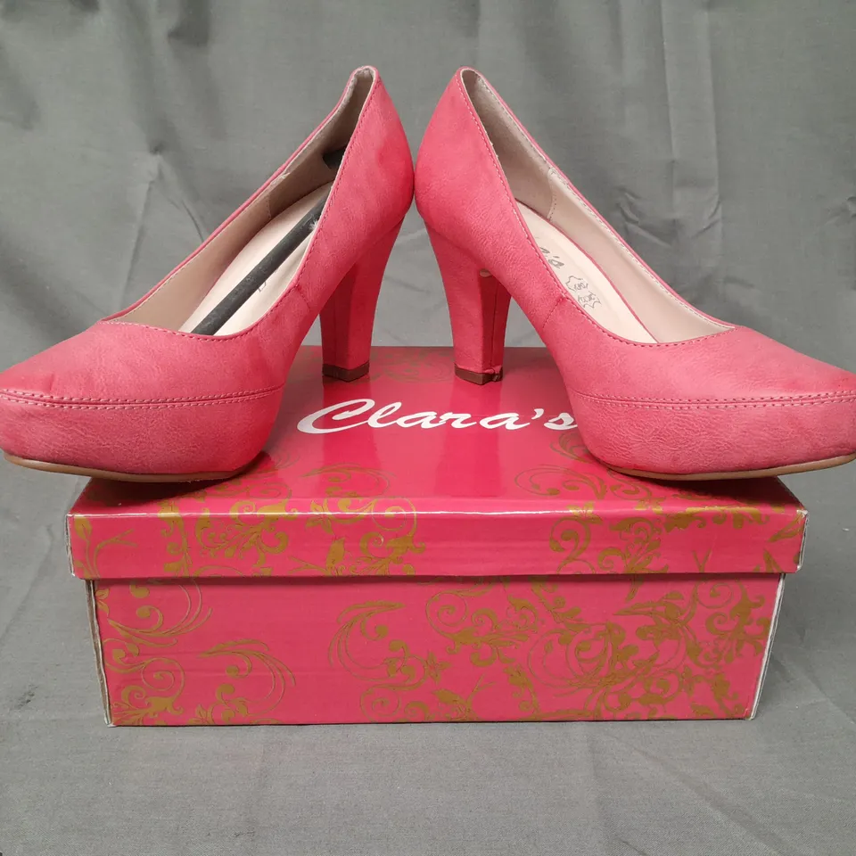 BOXED PAIR OF CLARA'S CLOSED TOE HEELED SHOES IN RED EU SIZE 36