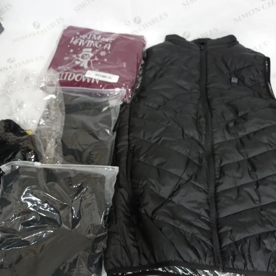 LARGE BOX OF ASSORTED CLOTHING ITEMS TO INCLUDE JACKET, TOPS, PANS, ETC