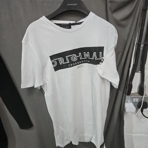 ORIGINAL CROSSHATCH T-SHIRT – WHITE WITH BLACK LOGO BAND, SIZE L