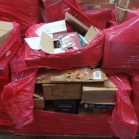 PALLET TO CONTAIN AN ASSORTMENT OF HOUSEHOLD ITEMS TO INCLUDE; BOXES OF SALTY DOG CRISPS, SPLIT TYPE ELECTRIC POT, COAT HANGERS, BOXED FURNITURE ETC