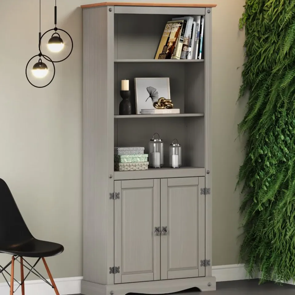BOXED CORONA 2 DOOR BOOKCASE - DISTRESSED GREY PINE (1 BOX)
