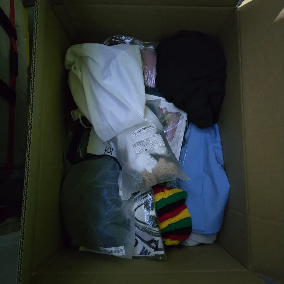 BOX OF APPROXIMATELY 25 ASSORTED CLOTHING ITEMS TO INCLUDE: YOURS BEIGE HOODED FLEECE, UNBRANDED TRACKSUIT BOTTOMS AND FUR LINED BLACK PARKA.