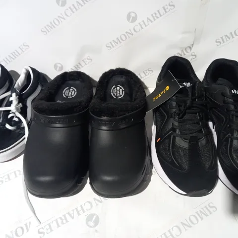 BOX OF APPROXIMATELY 15 ASSORTED PAIRS OF SHOES AND FOOTWEAR ITEMS IN VARIOUS STYLES AND SIZES TO INCLUDE FITVILLE, VANS, ETC