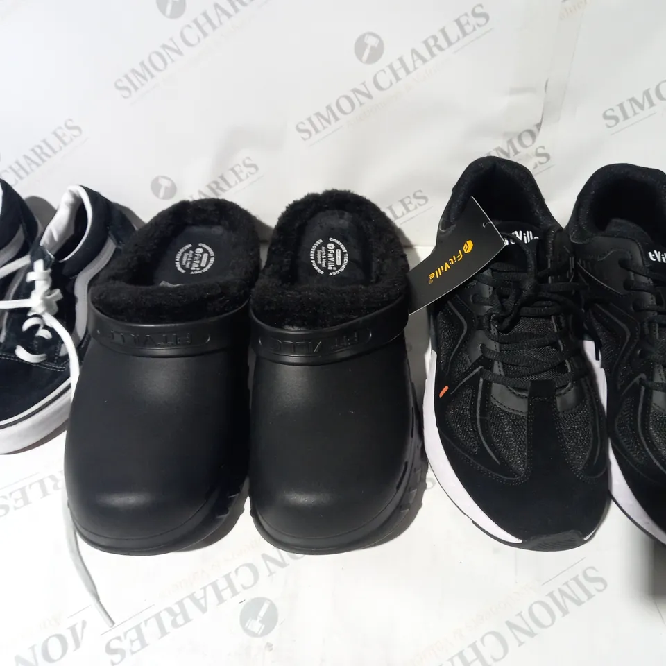 BOX OF APPROXIMATELY 15 ASSORTED PAIRS OF SHOES AND FOOTWEAR ITEMS IN VARIOUS STYLES AND SIZES TO INCLUDE FITVILLE, VANS, ETC
