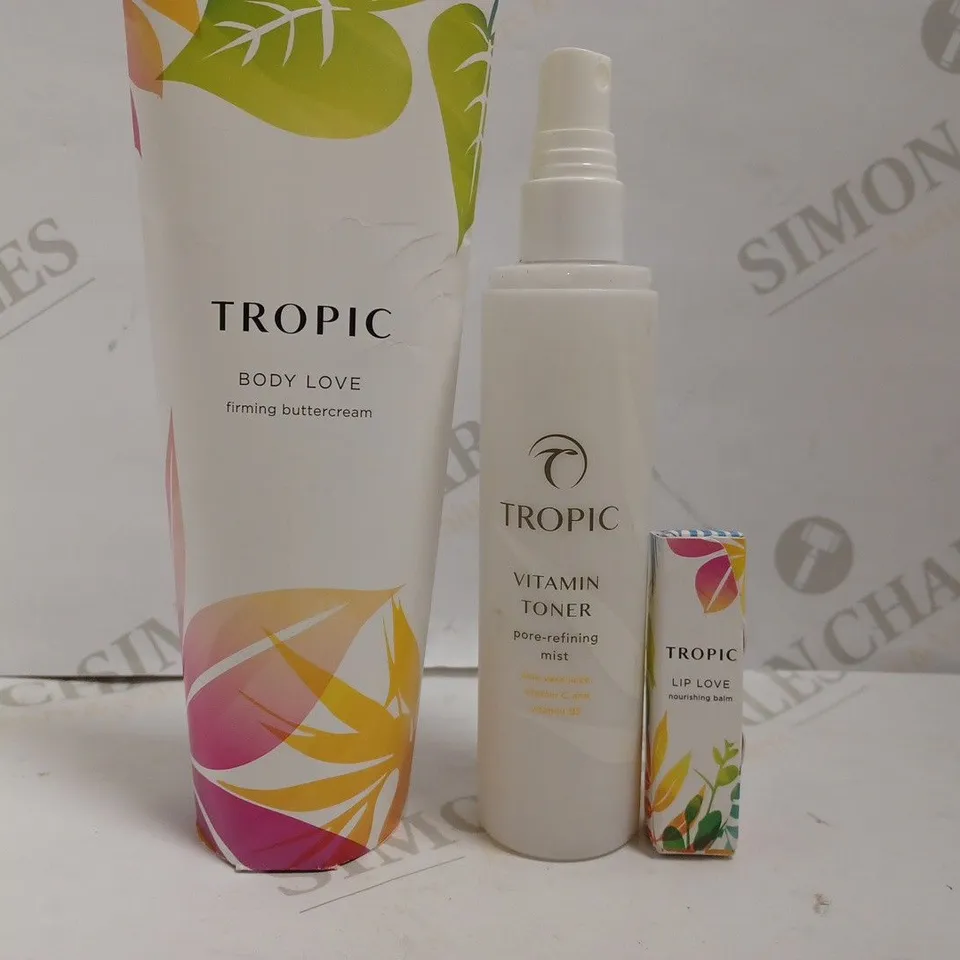 3 TROPIC ITEMS INCLUDING FIRMING BODY BUTTER, VITAMIN TONER AND LIP BALM